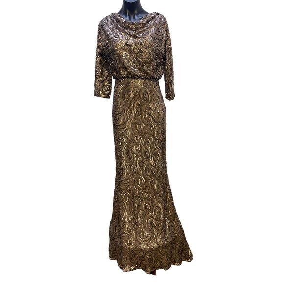 Badgley Mischka Collection Women's Sequin Gown Size 8 Bronze Long-Sleeve V-Back - Picture 1 of 10